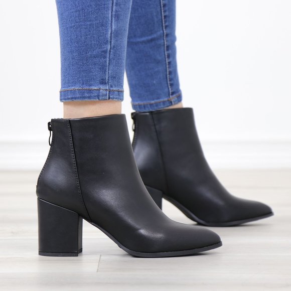 Shoes - Block Low Heel Above Ankle Boots Pointed Toes Black Synthetic Leather